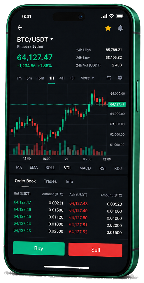 Plateforme de trading mobile Cygne Fructif — graphique BTC/USDT en direct, carnet d'ordres et interface d'achat et de vente